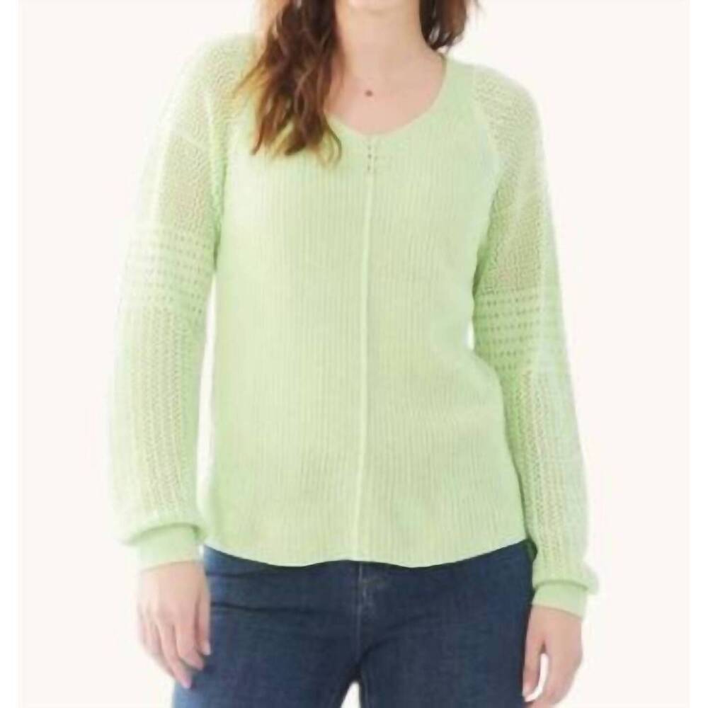 NEW FDJ women's long pointelle sleeve v-neck sweater in mojito green